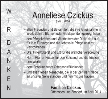 Traueranzeige von Anneliese Czickus von Pegnitz-Zeitung